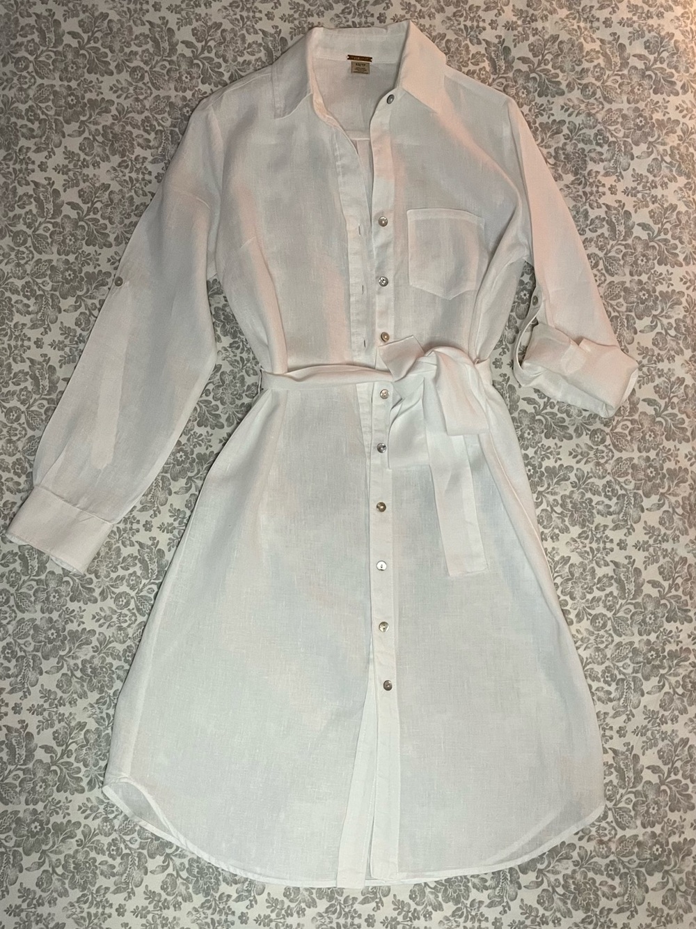 Magaschoni Crisp White Linen Shirt Dress with Tie Waist
